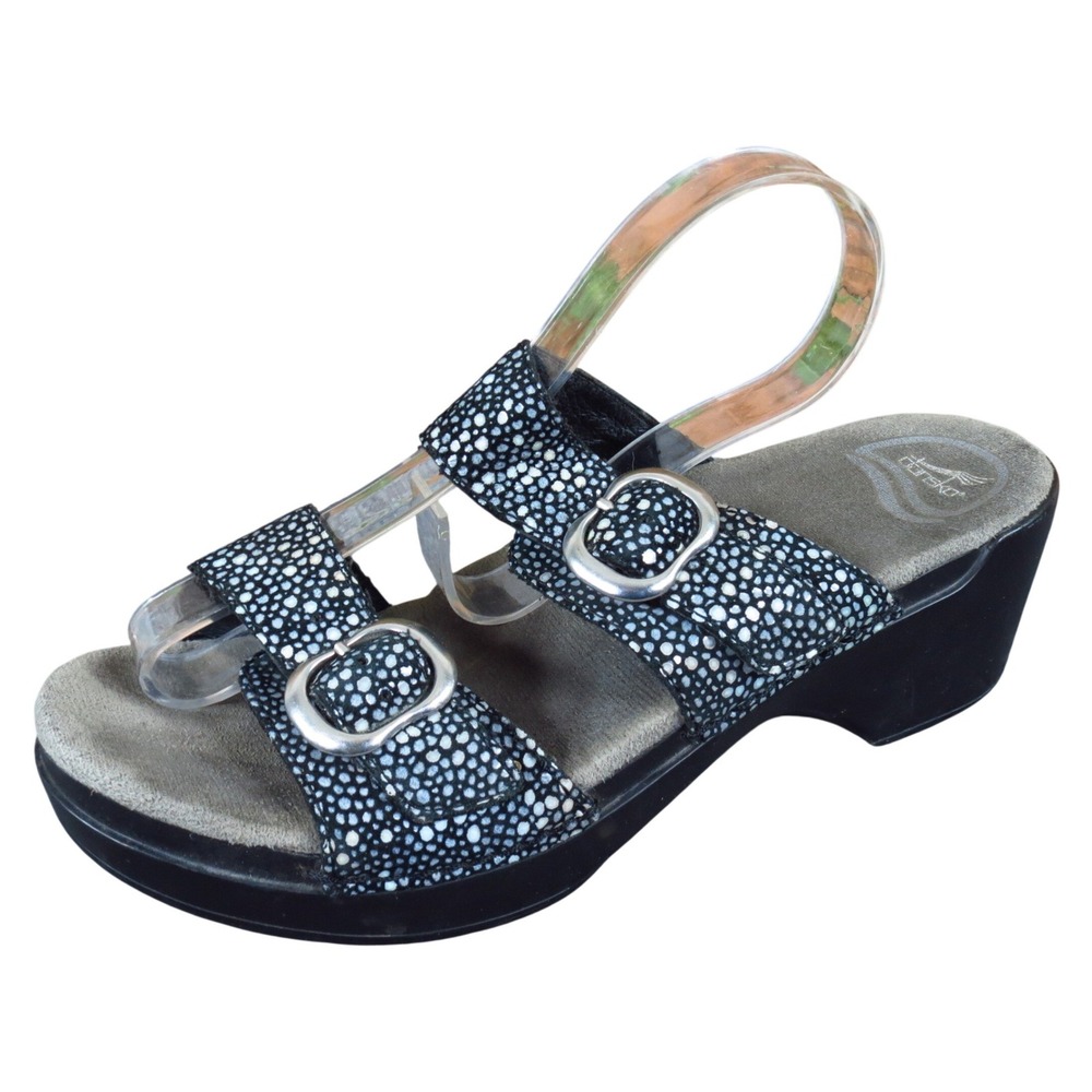 Dansko‎ Sophie Women Sandal Size 38 Casual Comfort Wedge Black Stingray Leather